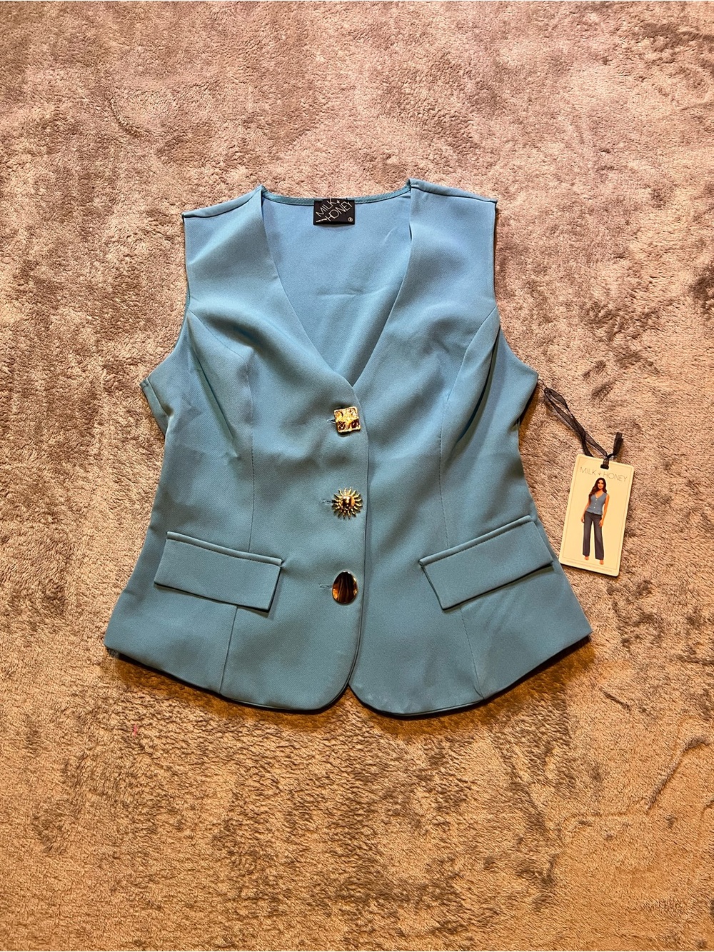 Milk + Honey Vest in Light Blue with Decorative Buttons